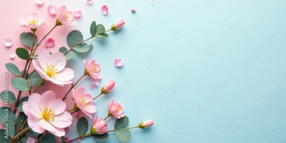 Delicate Pink Blossoms and Eucalyptus Branches Arranged on a Pastel Background Featuring Ample Copy Space Delicate Pink Blossoms and Eucalyptus Branches Arranged on a Pastel Background Featuring Ample Copy Space