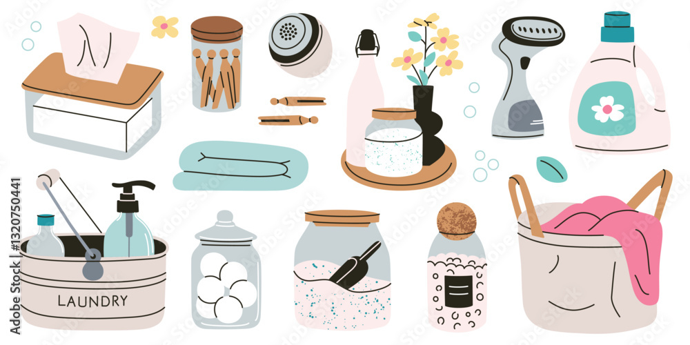 Vector illustration of aesthetic laundry collection with stylish detergent bottles, fabric care containers, wooden clothespins, steamer, and fresh linen. Modern home organization. Flat cartoon doodles Vector illustration of aesthetic laundry collection with stylish detergent bottles, fabric care containers, wooden clothespins, steamer, and fresh linen. Modern home organization. Flat cartoon doodles