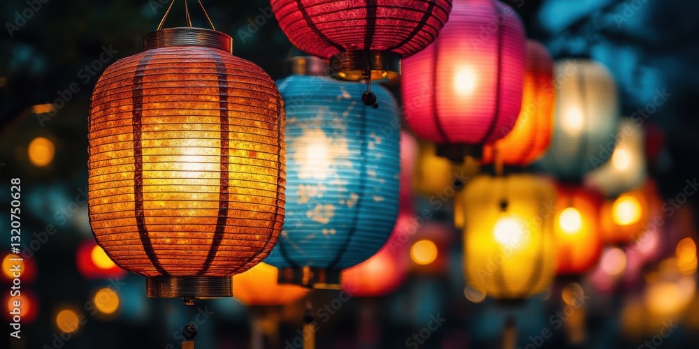 Obraz premium Colorful lanterns illuminate a vibrant street during an evening festival celebration in a bustling city
