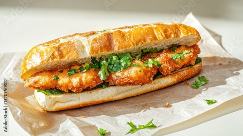Delicious crispy chicken fillet sandwich with fresh parsley on paper culinary delight stock photo