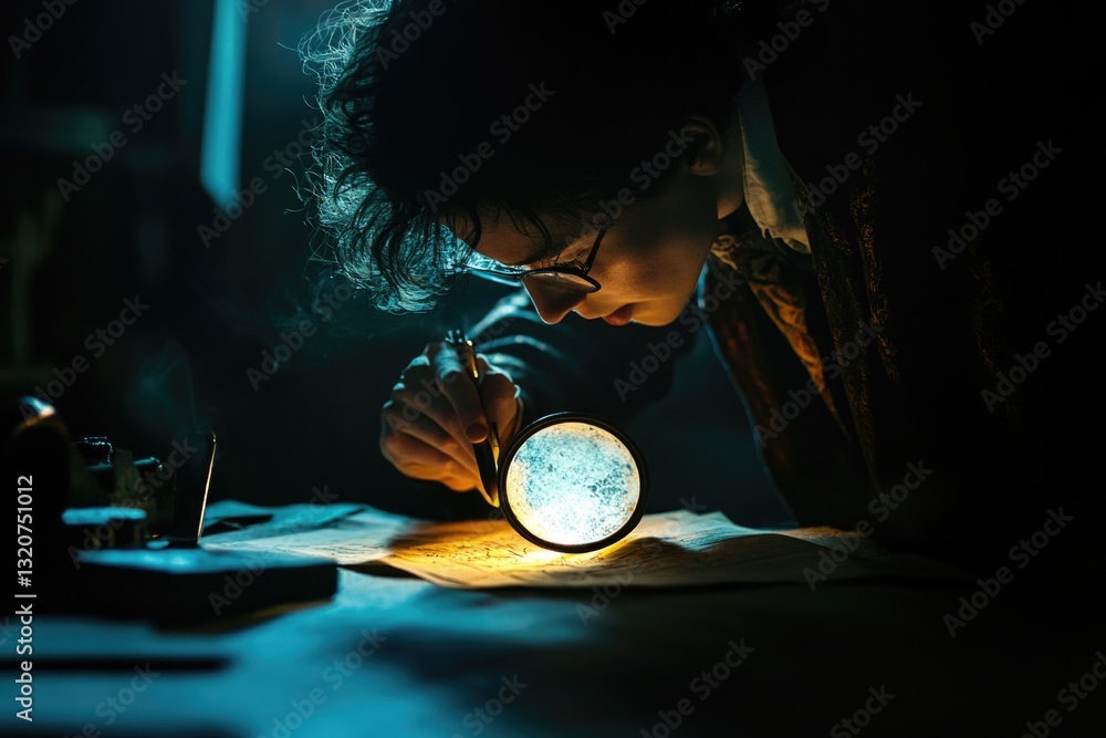 Fototapeta premium A woman studies a document closely with the help of a magnifying glass