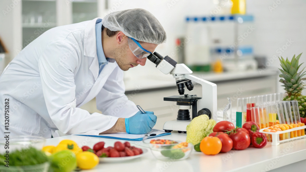 food scientist examines various foods under microscope, showcasing blend of fresh produce and laboratory equipment. scene highlights intersection of science and nutrition food scientist examines various foods under microscope, showcasing blend of fresh produce and laboratory equipment. scene highlights intersection of science and nutrition