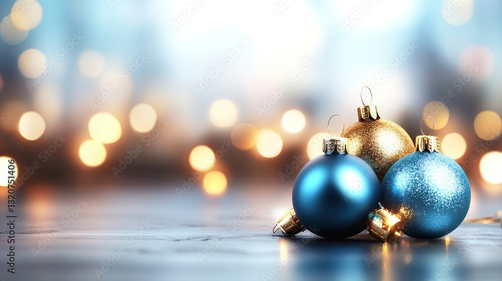Festive blue and gold ornaments rest on a wood surface with a blurred bokeh background Festive blue and gold ornaments rest on a wood surface with a blurred bokeh background