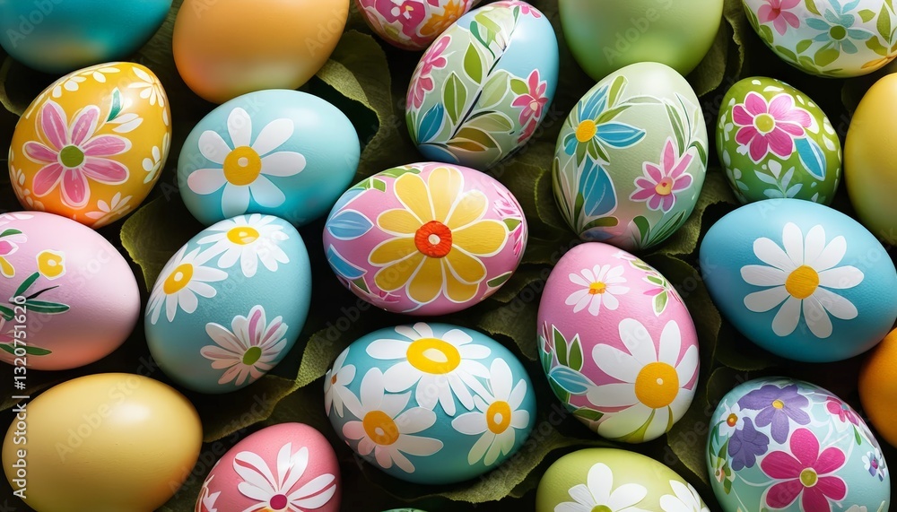 Decorated Easter eggs with floral designs on a bed of green leaves. Festive and spring-themed. Decorated Easter eggs with floral designs on a bed of green leaves. Festive and spring-themed.
