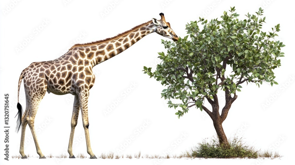 Obraz premium Giraffe gracefully reaching to eat leaves from a small acacia tree against a white background