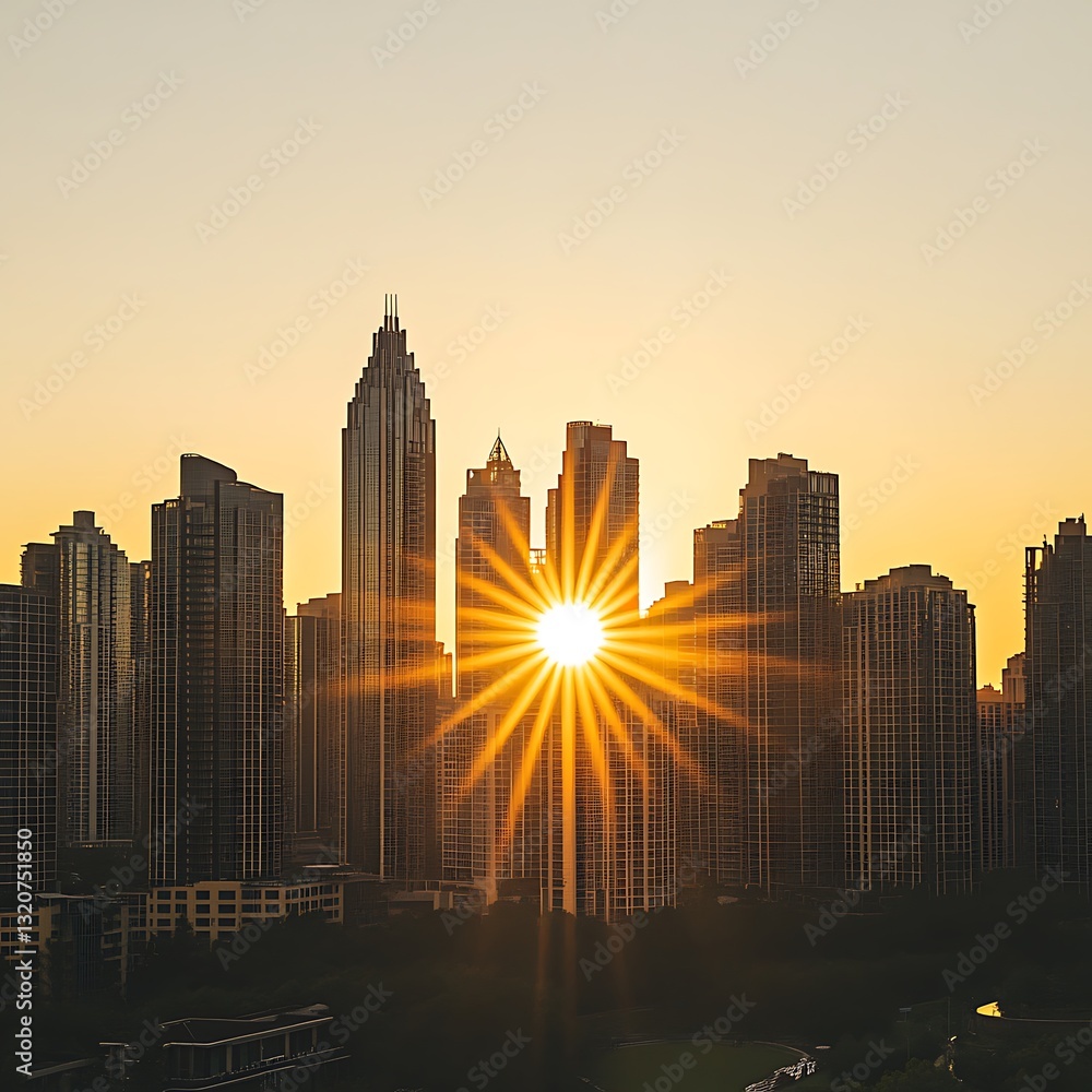 Fototapeta premium Golden Sunrise Illuminates City Skyline Buildings