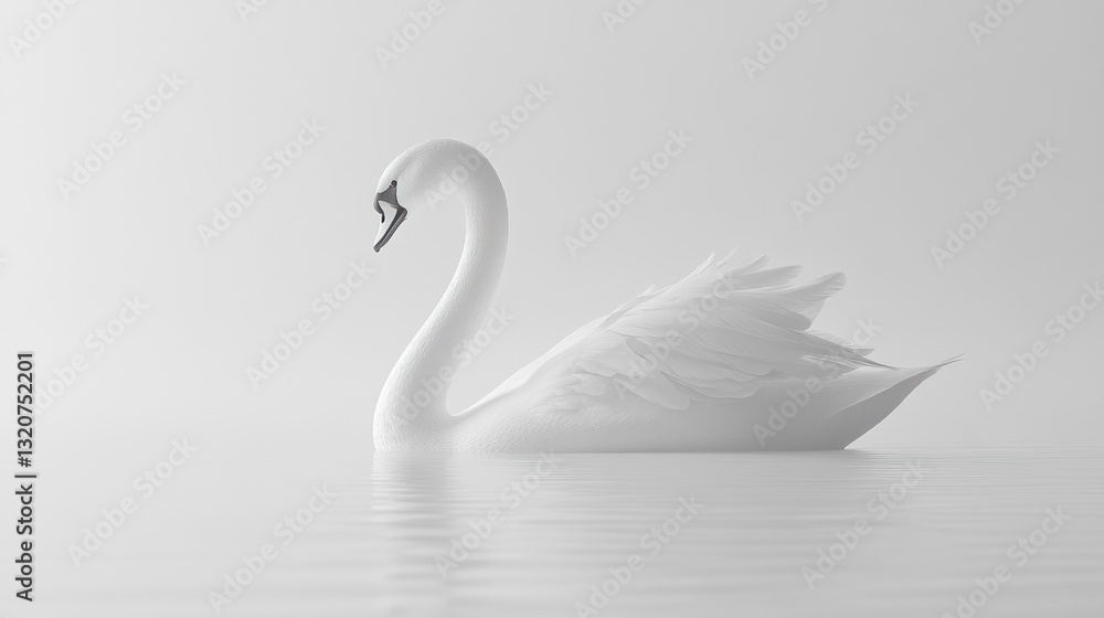 Fototapeta premium Serene white swan gracefully gliding on calm, misty water