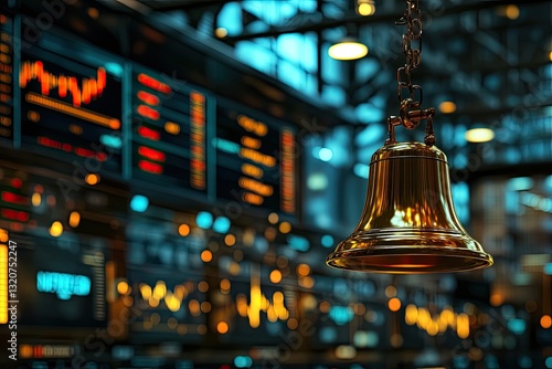 Gold bell hanging in a bustling trading floor with stock market data displays
