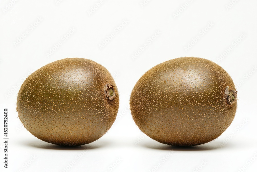 Two fresh kiwi fruits detailed studio shot showcasing natural skin brown color and texture on white Two fresh kiwi fruits detailed studio shot showcasing natural skin brown color and texture on white