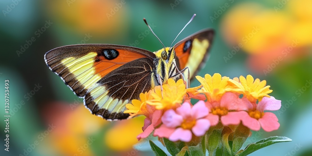 Fototapeta premium Colorful butterfly perched on vibrant flowers in a lush garden during a sunny afternoon