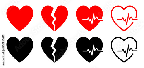 Set of heart. Heartbeat . Broken heart. Set of hearts in black and red and stroke with white background. heart icons set. broken, break, heartbeat, vector.