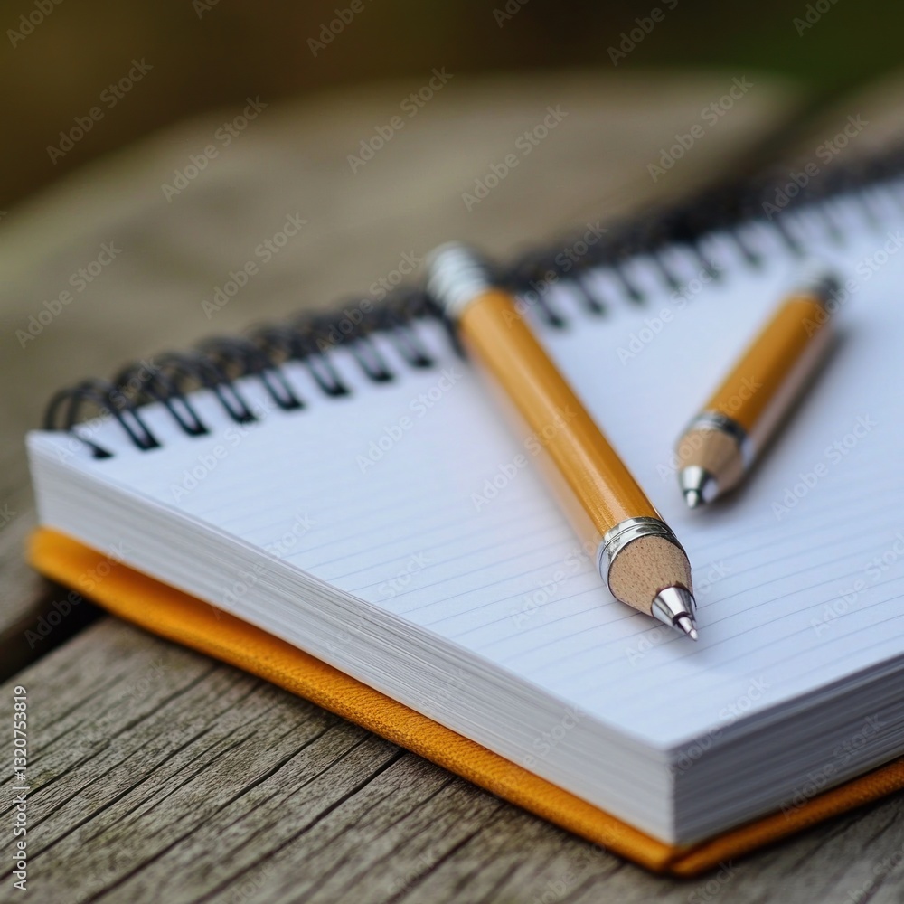 Two pencils rest on an open spiral notebook with yellow covers, sitting on a weathered wooden surface Two pencils rest on an open spiral notebook with yellow covers, sitting on a weathered wooden surface