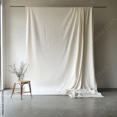 Serene studio scene featuring a draped fabric backdrop, a stool adorned with flowers, bathed in natural light