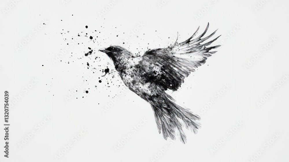 Fototapeta premium Monochrome bird in flight, ink splatters, artistic expression