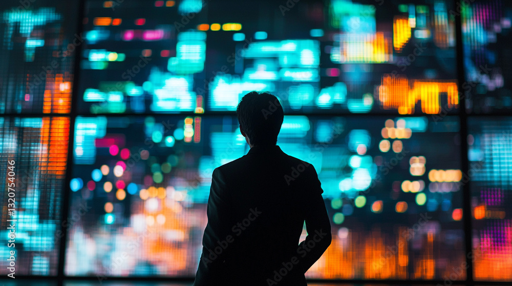 Silhouette of businessman observing colorful data screens in a modern office setting market charts Silhouette of businessman observing colorful data screens in a modern office setting market charts