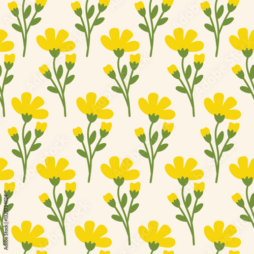 Seamless pattern with hand drawn flowers on a beige background. Cute floral minimal print. Yellow, green and beige colors. Vector illustration