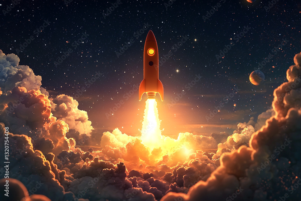 Fototapeta premium Orange rocket launching through dramatic cloudscape and stars sky art fire gold space night speed