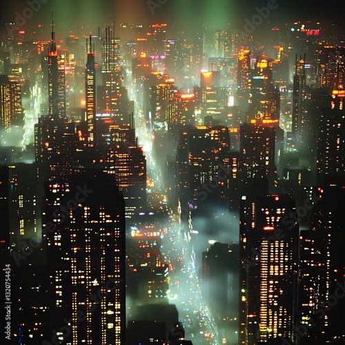 A futuristic cityscape at sunset with glowing lights and misty atmosphere. Urban skyline, modern metropolis, vibrant nightlife, illuminated skyscrapers, technological advancement. Generative AI.