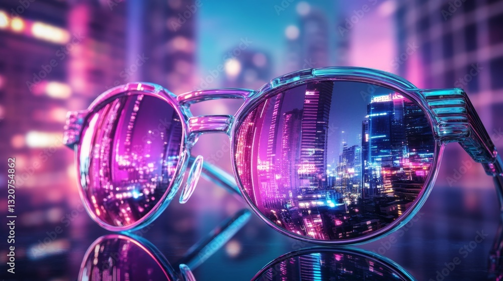 Reflective Sunglasses with Cityscape at Night in Neon Colors Reflective Sunglasses with Cityscape at Night in Neon Colors