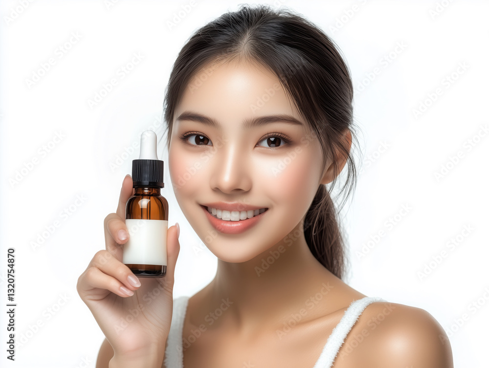 Beautiful asian woman holding essential oil bottle for skincare routine Beautiful asian woman holding essential oil bottle for skincare routine