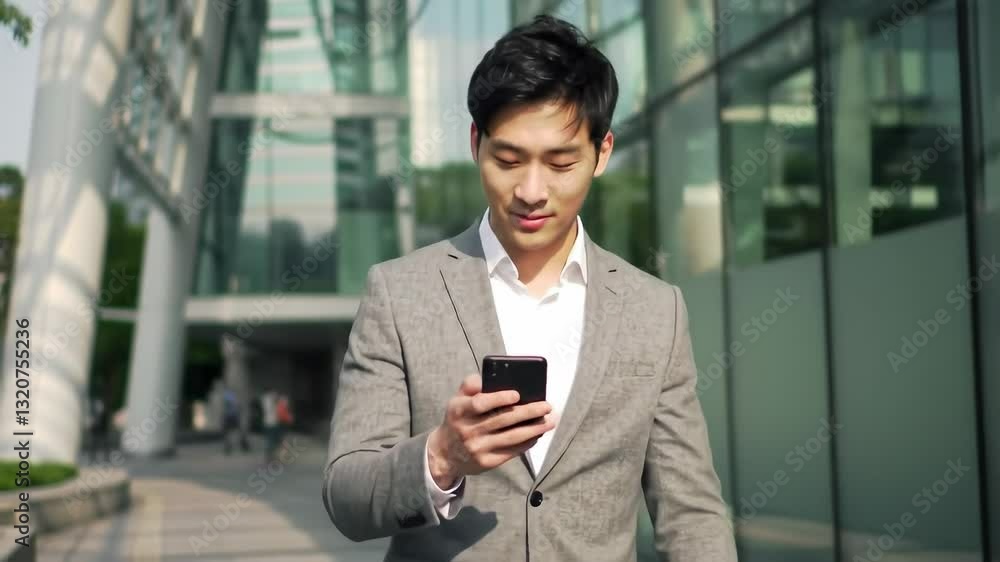 Young Asian Man in Professional Attire Engaging with Smartphone While Walking Near Modern Business Building Young Asian Man in Professional Attire Engaging with Smartphone While Walking Near Modern Business Building