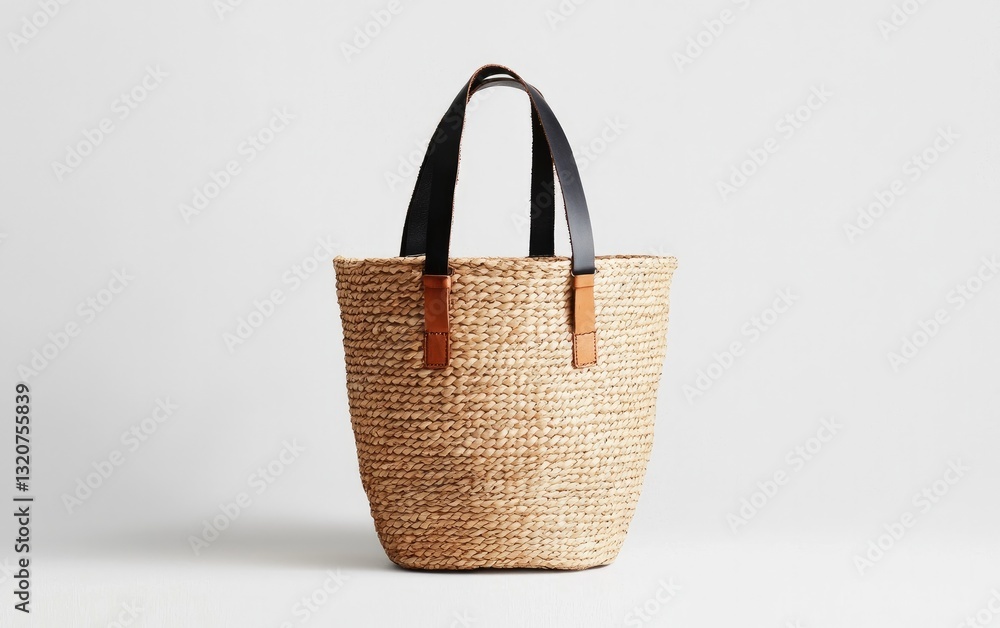 Beige Woven Tote Bag with Black and Brown Leather Handles Beige Woven Tote Bag with Black and Brown Leather Handles