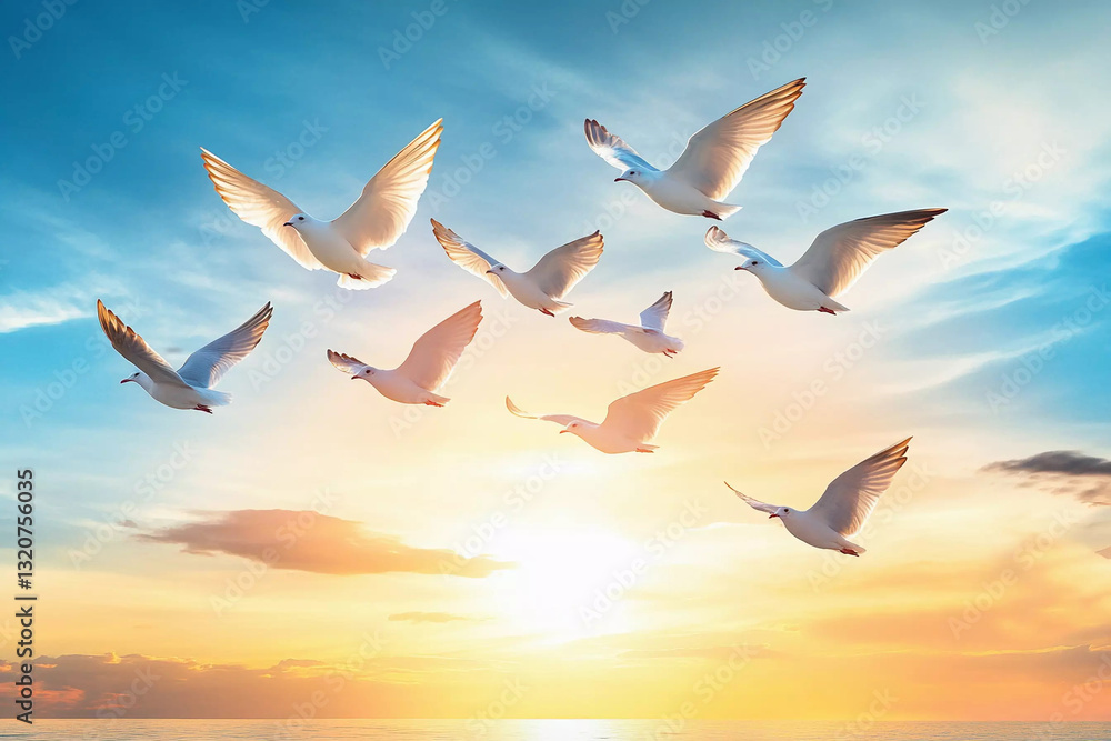 Obraz premium Flock of birds fly in a perfect v formation during sunset over the ocean in a blue and orange sky