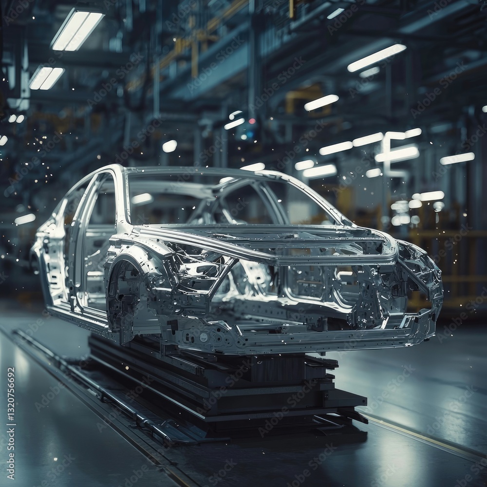 Obraz premium Automobile production line with a car frame in an advanced factory. Industrial automation, vehicle assembly, modern manufacturing, robotic precision, automotive industry. Generative AI.