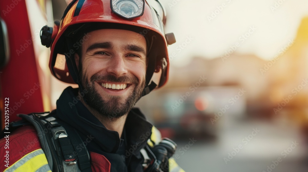 Smiling firefighter with equipment in urban setting at sunset Smiling firefighter with equipment in urban setting at sunset