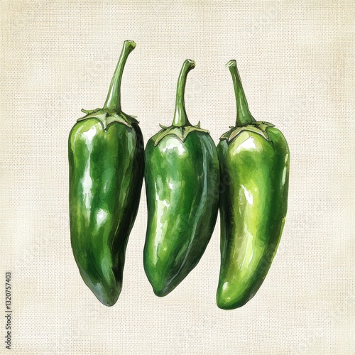 Fresh green jalapeno peppers watercolor painting on canvas backdrop vibrant culinary aesthetic vegetable art