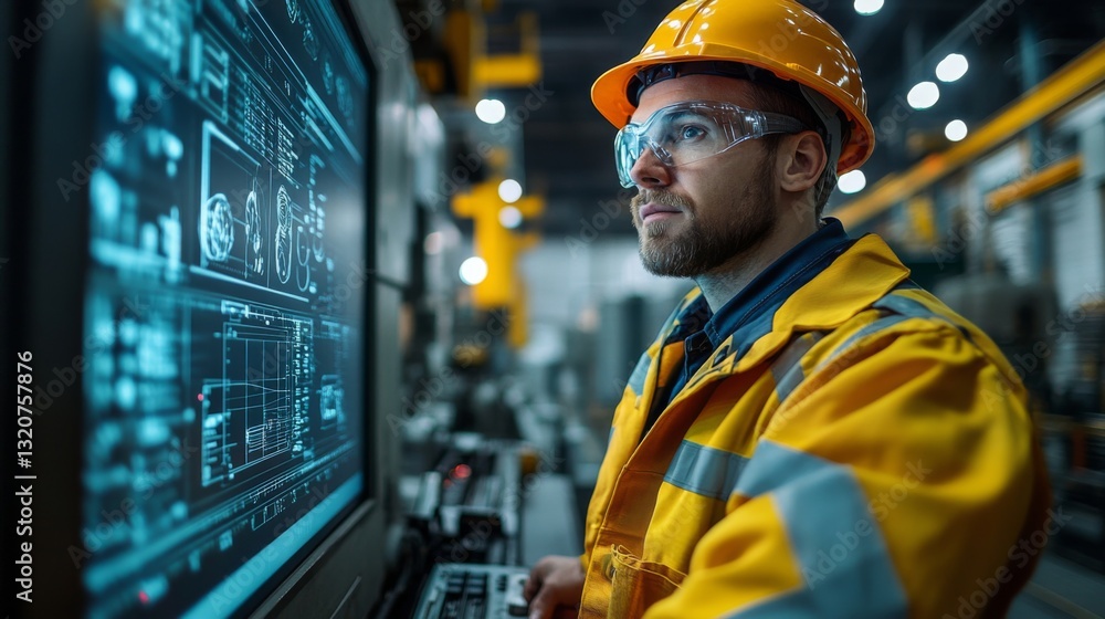 In a large industrial facility, an engineer in protective gear focuses on advanced machinery. Screens display data related to manufacturing processes including steel and aluminum production. In a large industrial facility, an engineer in protective gear focuses on advanced machinery. Screens display data related to manufacturing processes including steel and aluminum production.