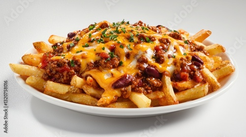 Tasty chili cheese fries served on white plate with parsley sprinkle and smooth white background