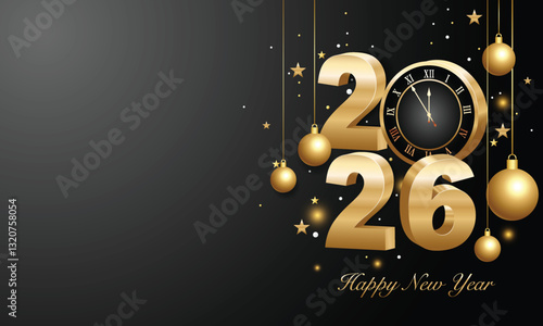 Happy new year 2026. 3d gold numbers with golden Christmas decoration and confetti on dark  background. Holiday greeting card design.