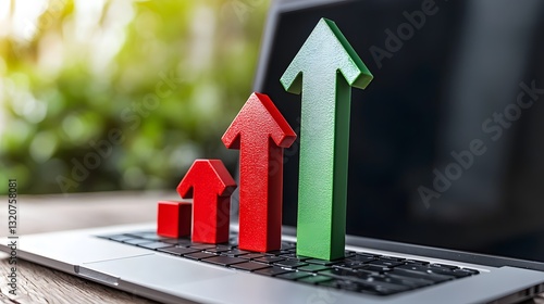 Ascending Red and Green Arrows on Laptop Keyboard Showing Growth