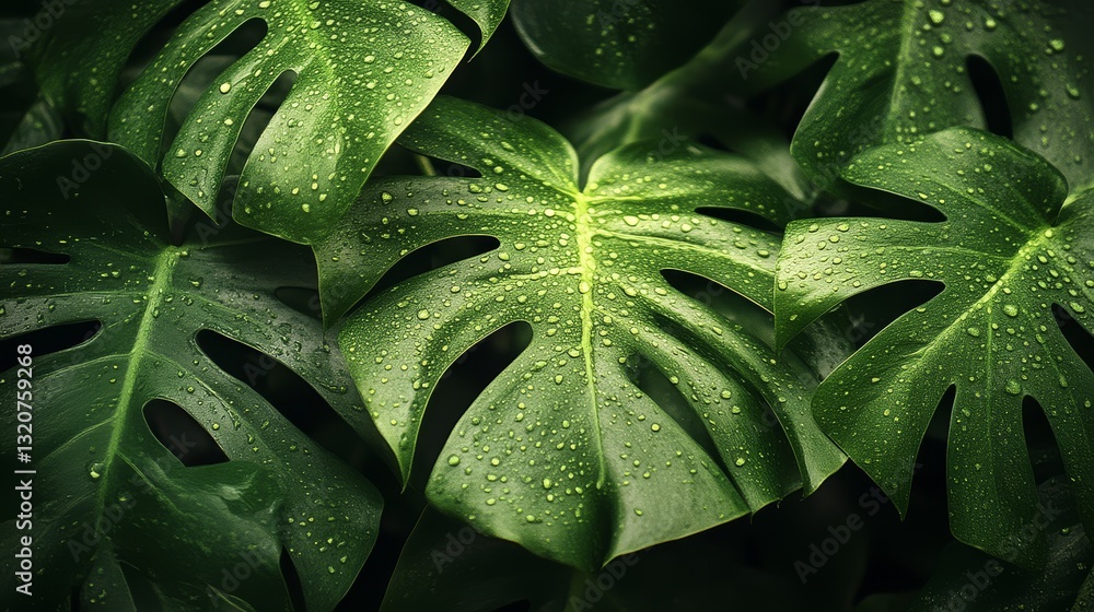 Fototapeta premium Lush green monstera leaves indoor jungle nature photography close-up serenity concept