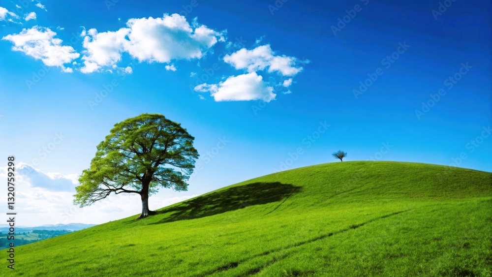 Lush Green Hills with a Lone Tree Under a Blue Sky, Peaceful Nature Landscape Lush Green Hills with a Lone Tree Under a Blue Sky, Peaceful Nature Landscape