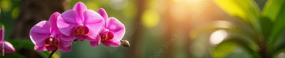 Macro shot of pink orchids in a tropical garden bathed in natural sunlight, pink, film photography, foliage Macro shot of pink orchids in a tropical garden bathed in natural sunlight, pink, film photography, foliage