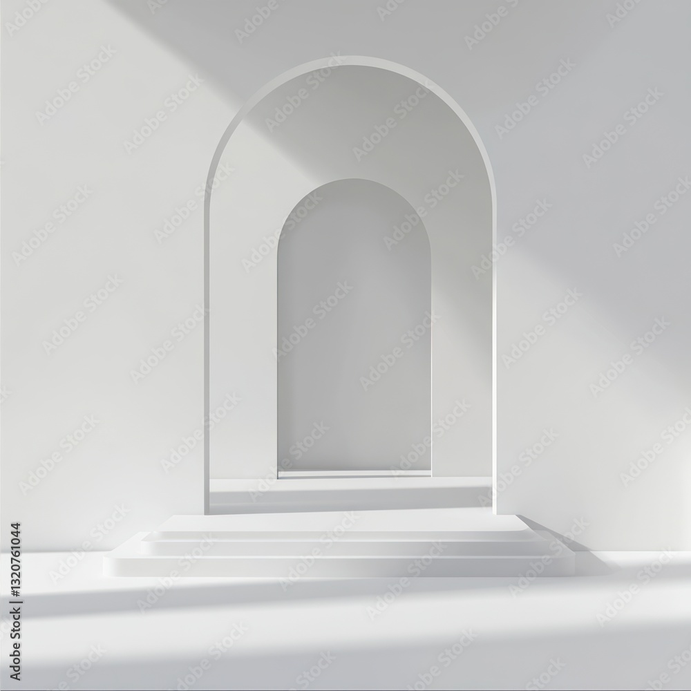Minimalist Architecture a Serene White Archway and Steps Bathed in Soft Light a Tranquil Interior Minimalist Architecture a Serene White Archway and Steps Bathed in Soft Light a Tranquil Interior