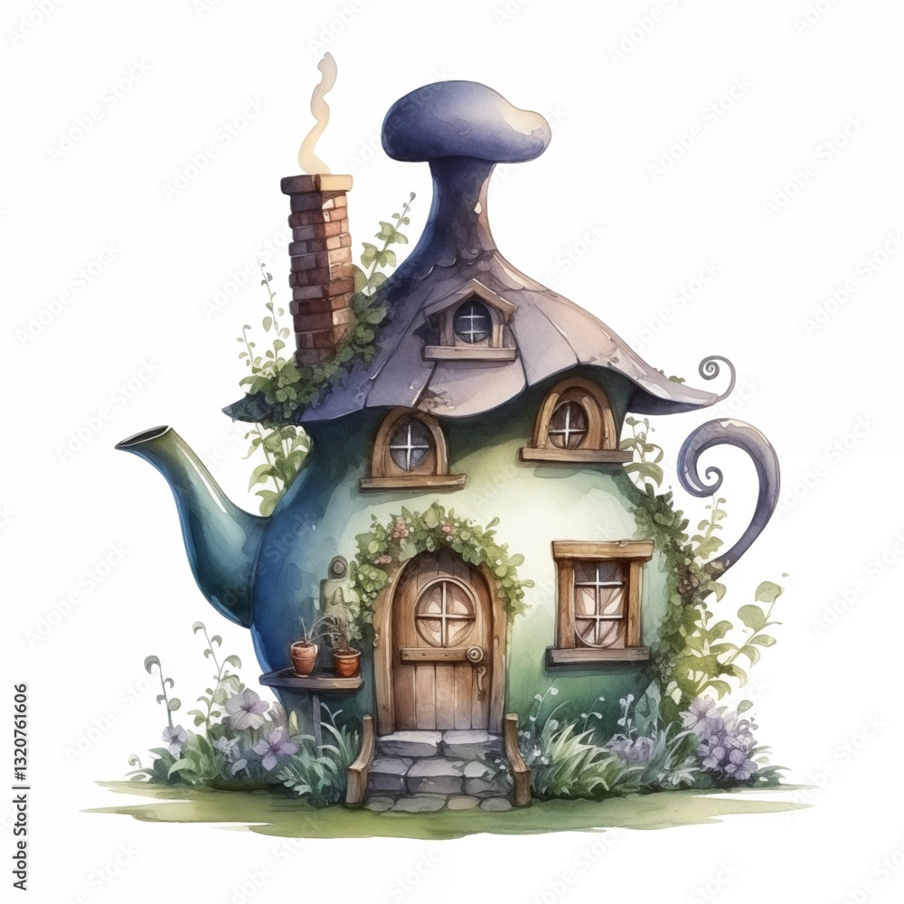 Fototapeta premium A charming fairytale watercolor house, creatively made from a teapot, with a cozy entrance, arched windows and a whimsical tiled roof. Surrounded by lush greenery and delicate flowers