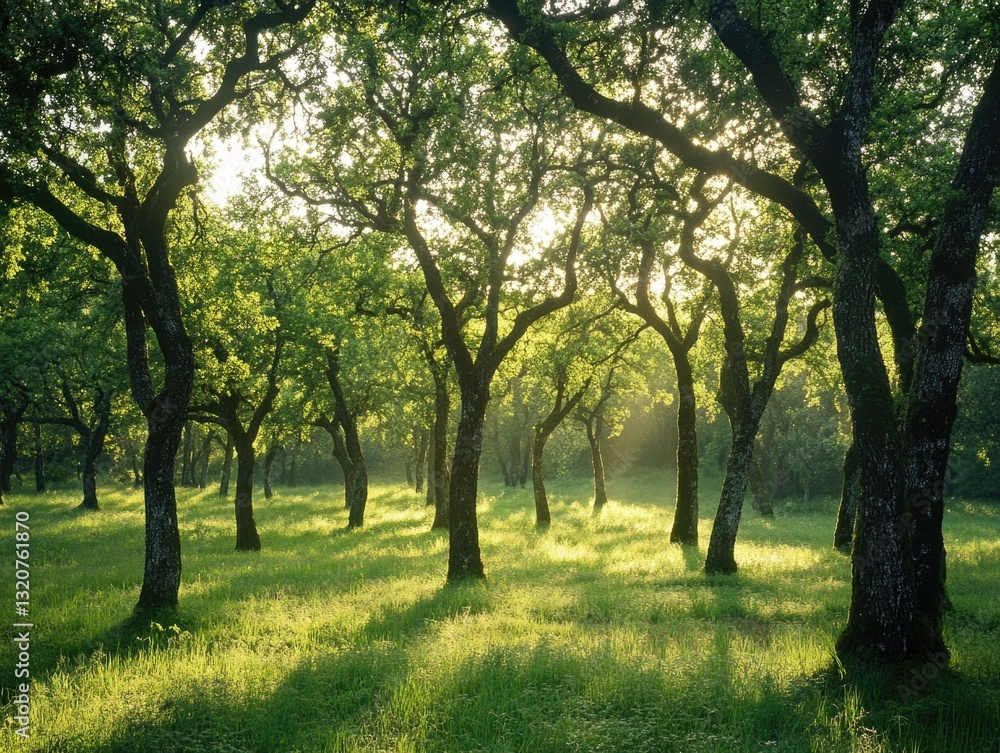 A warm glow illuminates the forest floor and surrounding foliage, with sunlight shining through the treetops A warm glow illuminates the forest floor and surrounding foliage, with sunlight shining through the treetops