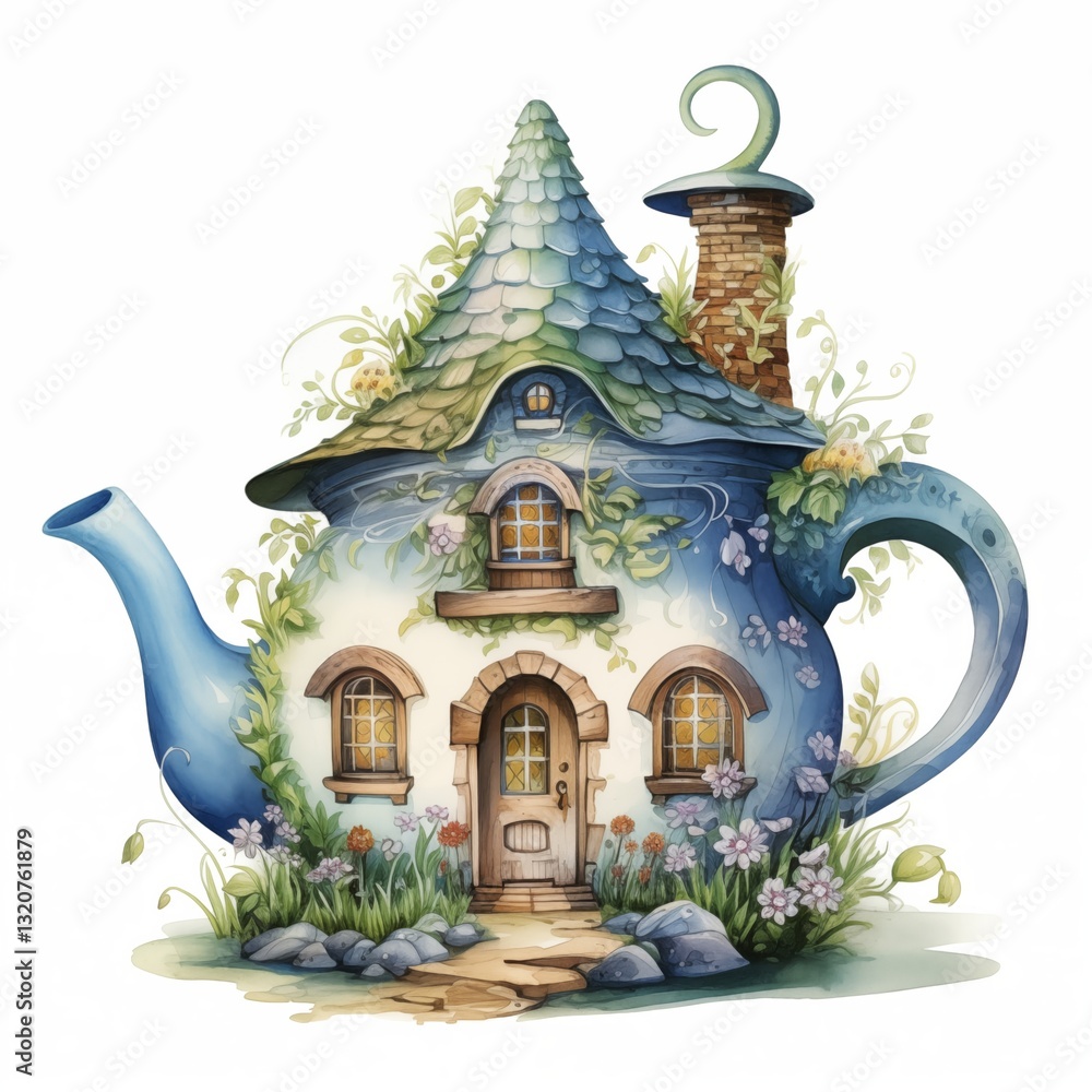Fototapeta premium A charming fairytale watercolor house, creatively made from a teapot, with a cozy entrance, arched windows and a whimsical tiled roof. Surrounded by lush greenery and delicate flowers