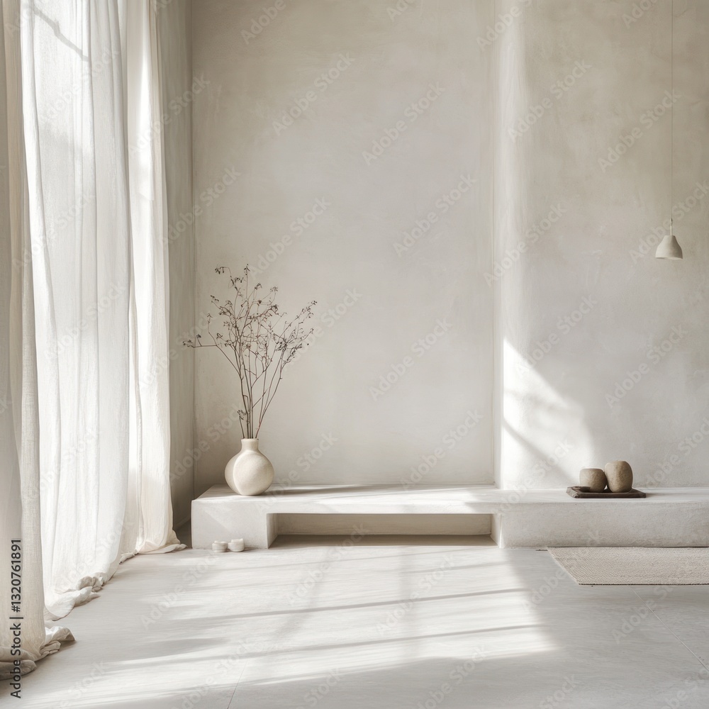 Fototapeta premium Serene modern interior bright sunlight vase plant peaceful ambiance simple clean design minimal architecture