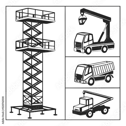 Black and White Construction Equipment and Scaffolding Icons – Minimalist Industrial Tool Illustrations