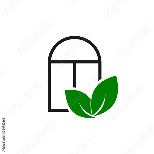 Green eco icon with window and leaf  isolated on white background