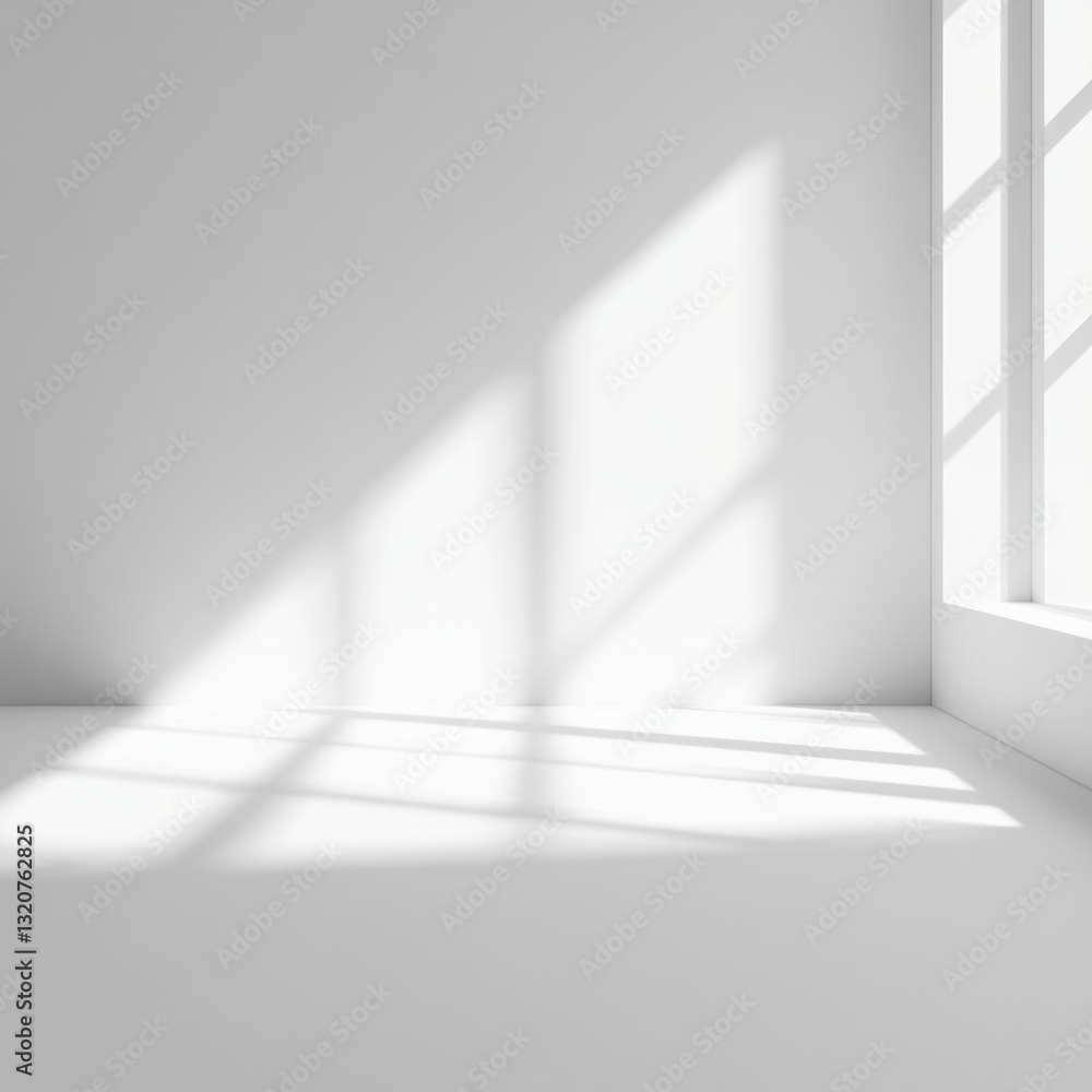 Obraz premium Minimalist Interior Scene with Natural Light and Shadow Play on White Wall and Floor Smooth Surfaces