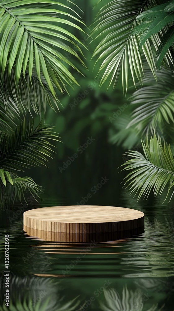 Displaying Product on Wood Platform Surrounded by Tropical Leaves and Water Displaying Product on Wood Platform Surrounded by Tropical Leaves and Water