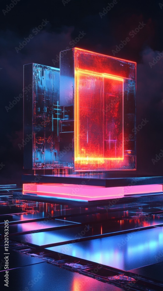 Futuristic cubic composition with radiant lines and reflections creating a sense of digital architecture Futuristic cubic composition with radiant lines and reflections creating a sense of digital architecture