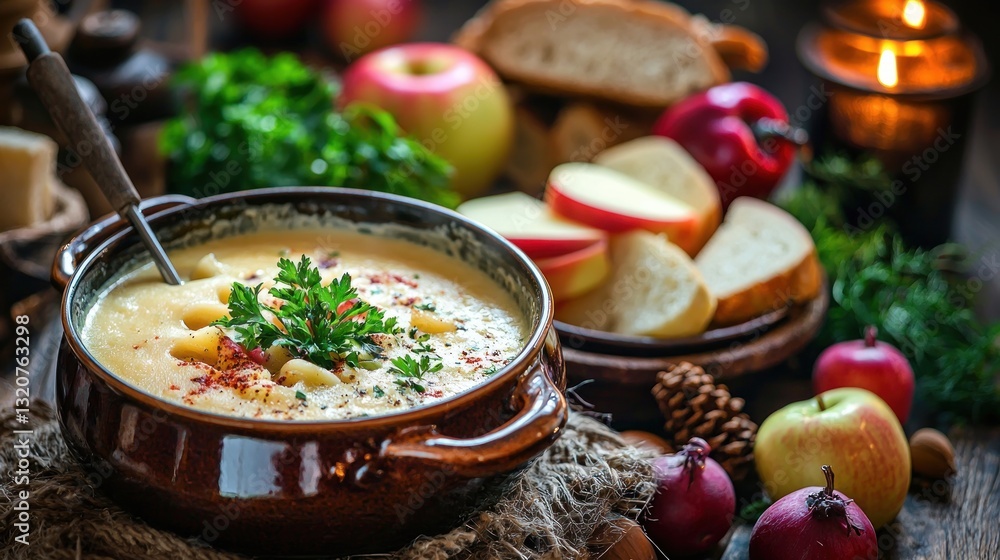 Rustic Table with Creamy Soup in Brown Bowl Fresh Apples Bread and Candlelight Creating Cozy Autumn Ambience Rustic Table with Creamy Soup in Brown Bowl Fresh Apples Bread and Candlelight Creating Cozy Autumn Ambience