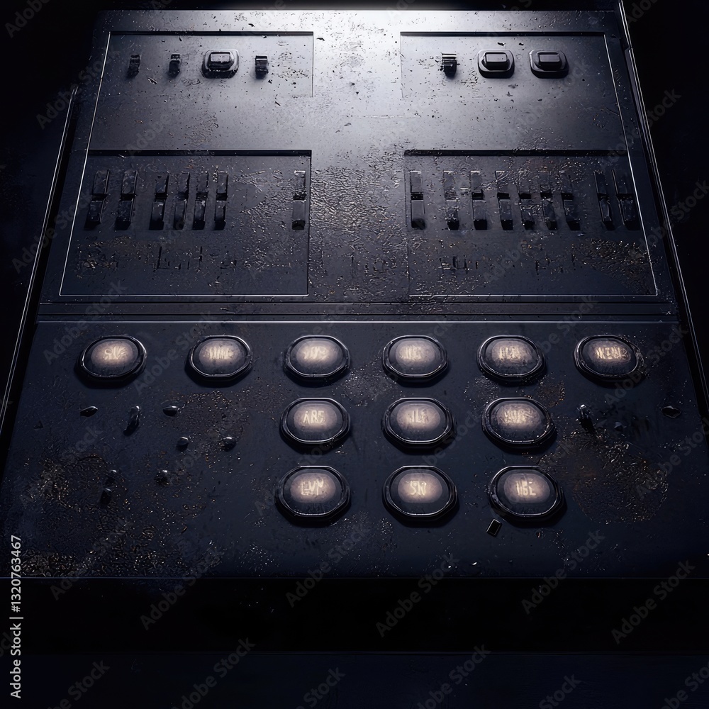 Obraz premium Close-up of a weathered control panel dimly lit buttons in a dark, industrial setting. Dystopian technology, abandoned machinery, aged electronics, forgotten system, mechanical history. Generative AI.