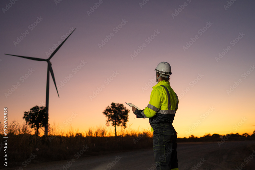 Engineer man working with tablet at windmill farm Generating electricity clean energy. Wind turbine farm generator by alternative green energy. Engineer man working with tablet at windmill farm Generating electricity clean energy. Wind turbine farm generator by alternative green energy.